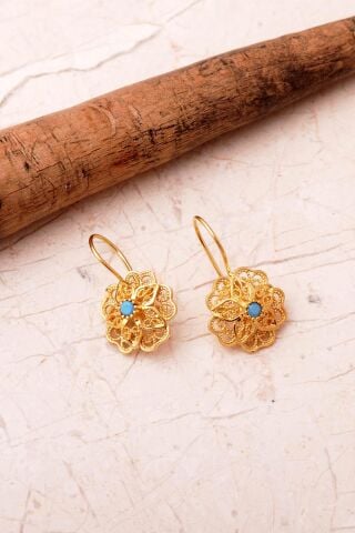 Taşlı Telkari Elişi Altın Kaplama 925 Ayar Gümüş Çiçek Set 2862