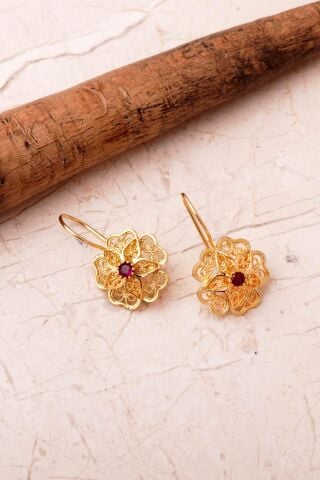 Taşlı Telkari Elişi Altın Kaplama 925 Ayar Gümüş Çiçek Set 2862