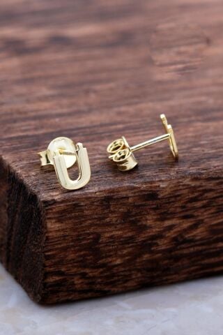 Ü Harfi Altın Kaplama Gümüş Küpe 6010