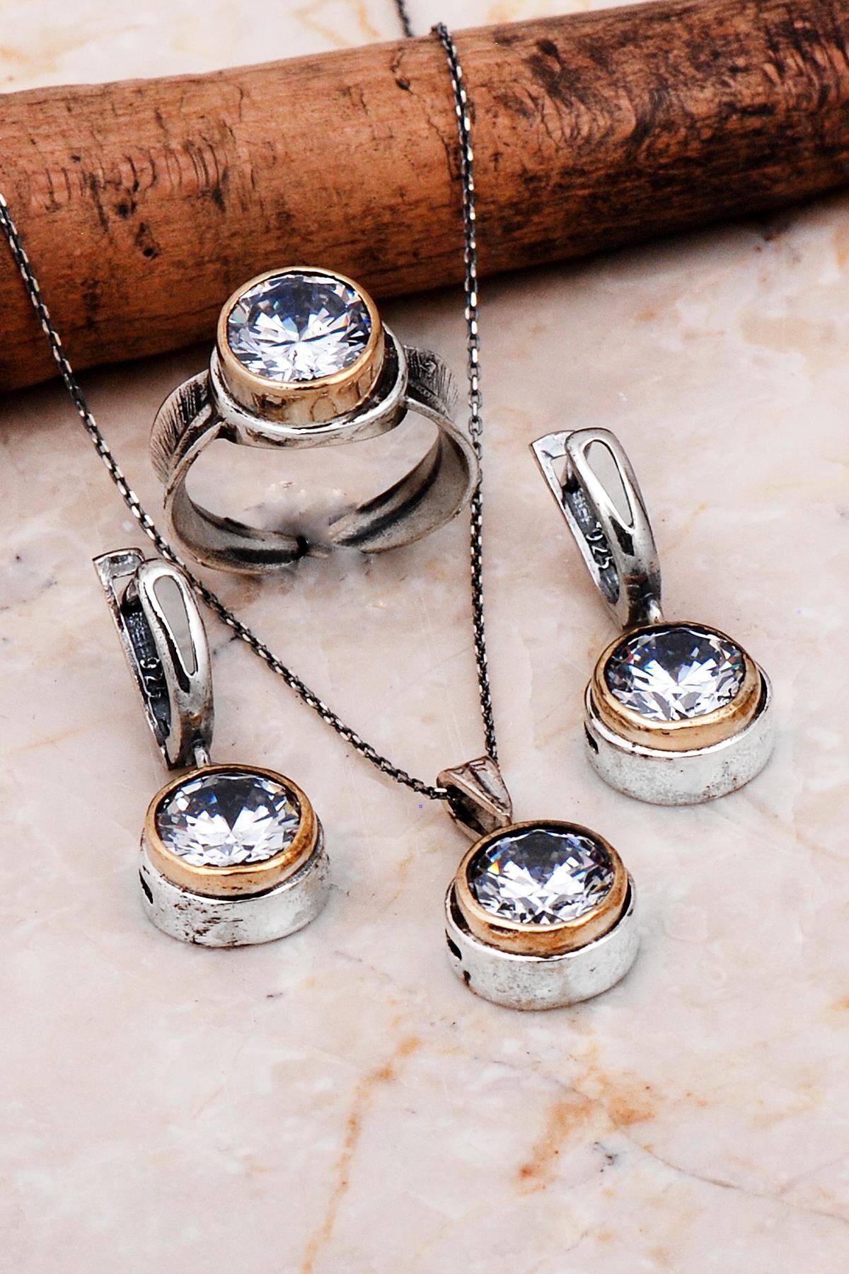 Zirkon Taşlı Tasarım Elişi Gümüş Set 2291