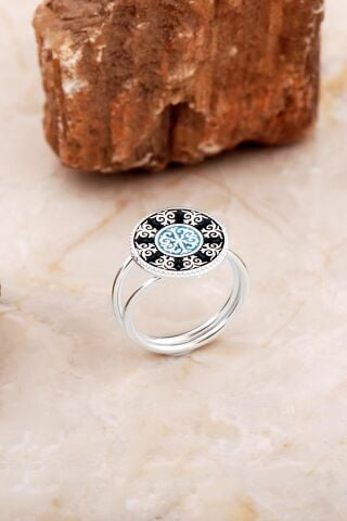 Anadolu Motifli Elişi Mineli Gümüş Yüzük 3764