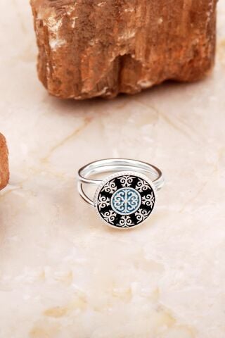 Anadolu Motifli Elişi Mineli Gümüş Yüzük 3764