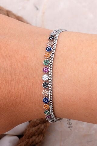 Gurmet Mix Taşlı Rodyumlu Gümüş Bileklik 3982