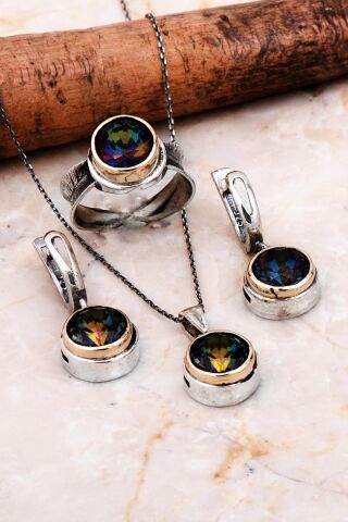 Mistik Topaz Taşlı Tasarım Elişi Gümüş Set 2293