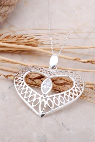 Taşlı Kalp Tasarım Gümüş Kolye 7501
