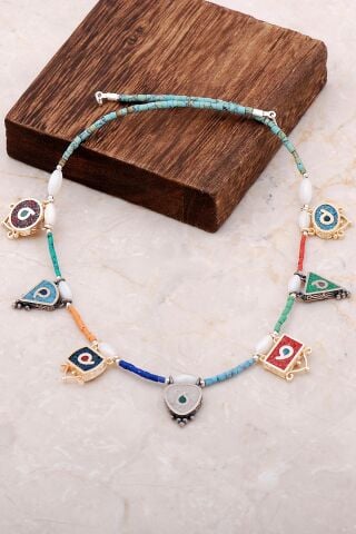 Doğal Taşlı Mozaik İşlemeli Gümüş Kolye 6829