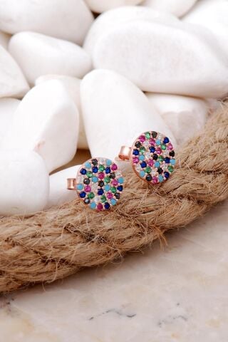 Mix Taşlı Rose Gümüş Küpe 5804