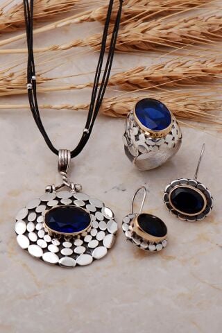 Pullu Elişi Safir Taşlı Gümüş Set 1249