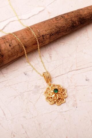 Taşlı Telkari Elişi Altın Kaplama 925 Ayar Gümüş Çiçek Kolye 8109