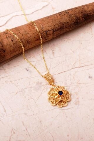 Taşlı Telkari Elişi Altın Kaplama 925 Ayar Gümüş Çiçek Kolye 8109