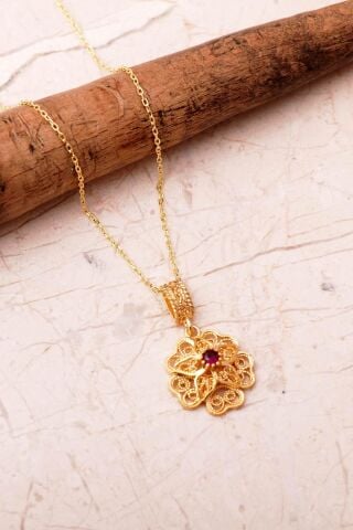 Taşlı Telkari Elişi Altın Kaplama 925 Ayar Gümüş Çiçek Kolye 8109