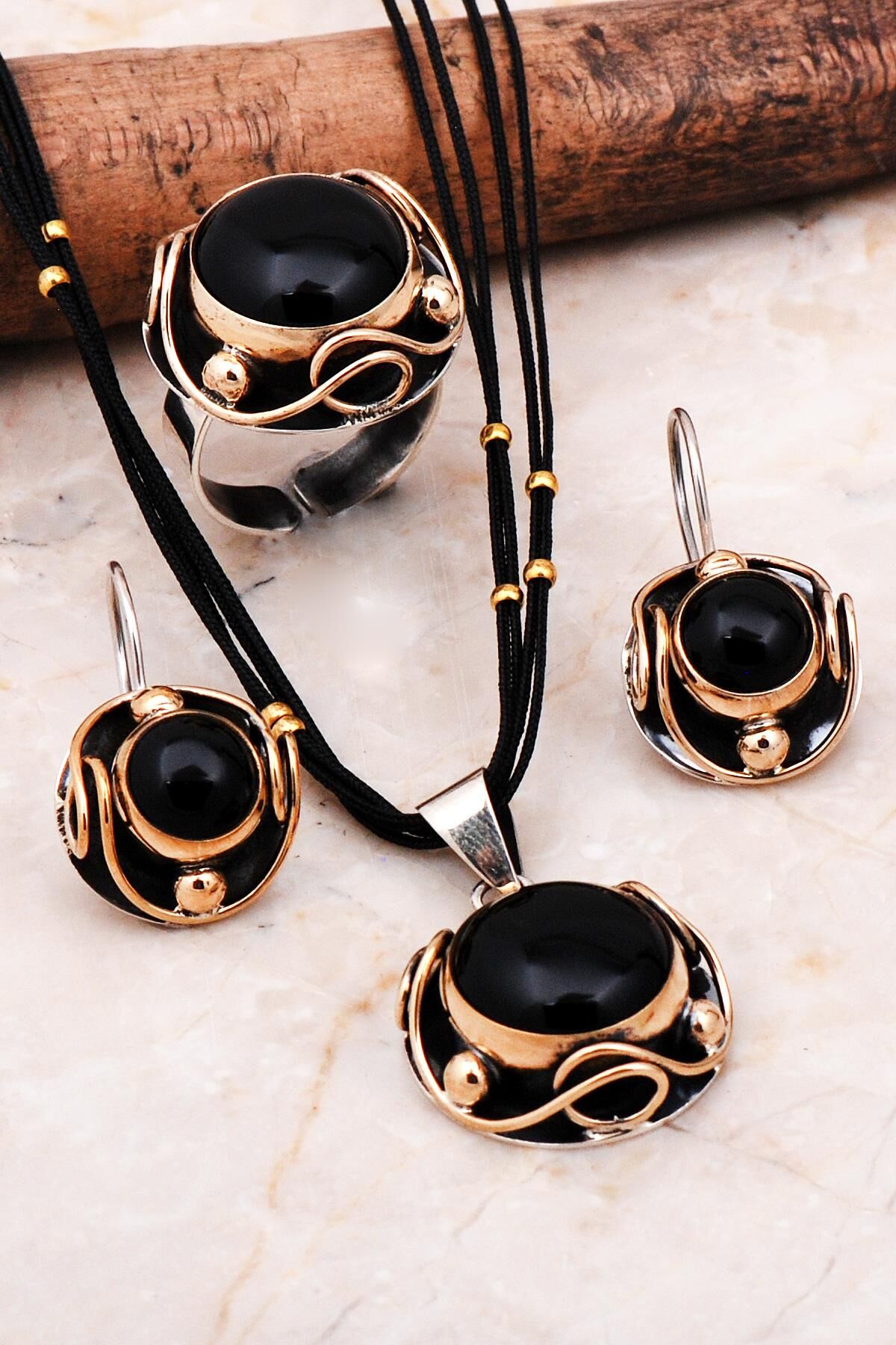 Oniks Taşlı Elişi Gümüş Set 2297