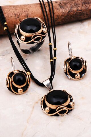 Oniks Taşlı Elişi Gümüş Set 2297