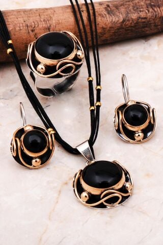 Oniks Taşlı Elişi Gümüş Set 2297