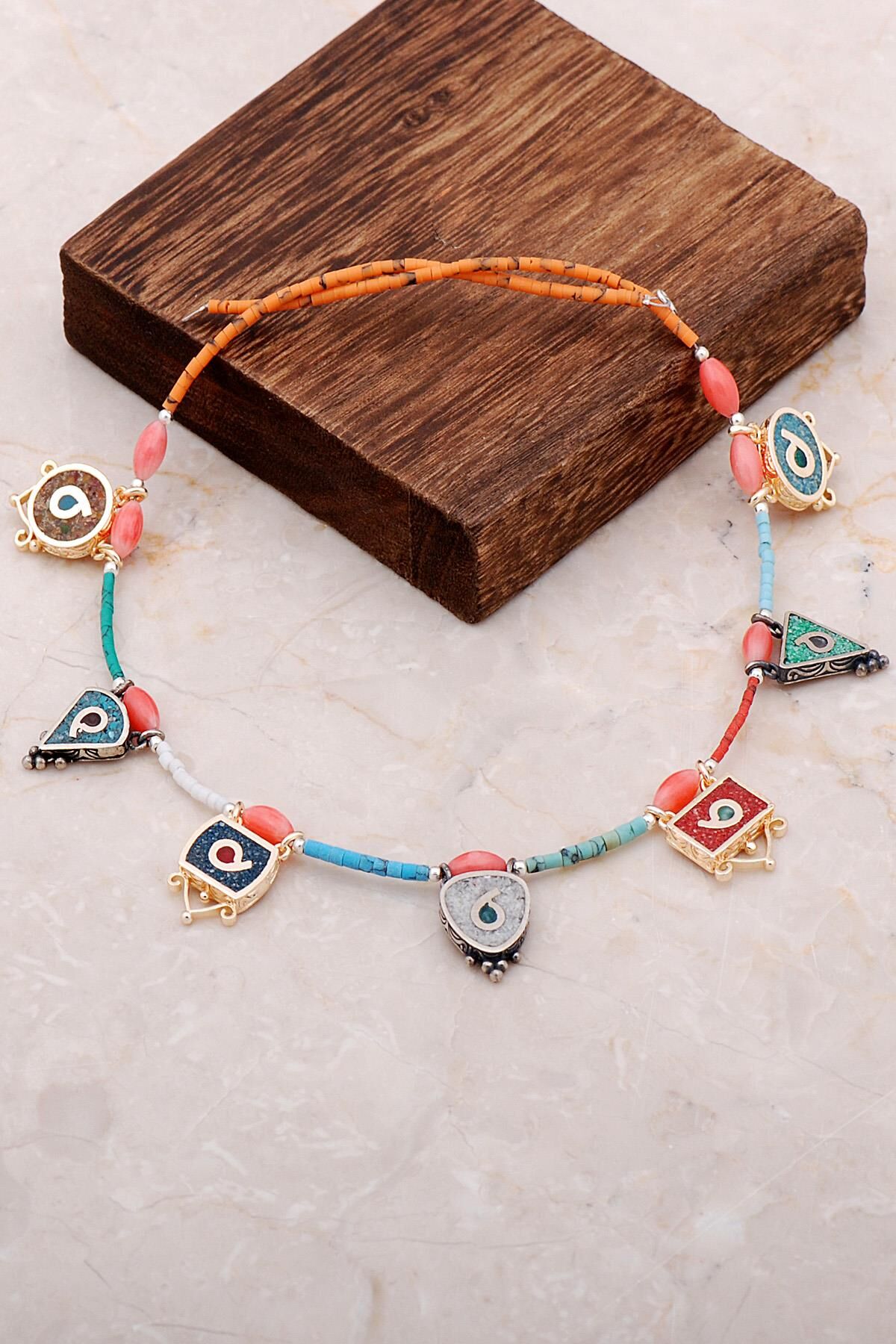 Doğal Taşlı Mozaik İşlemeli Gümüş Kolye 6833