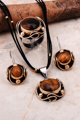 Kaplan Gözü Taşlı Elişi Gümüş Set 2298