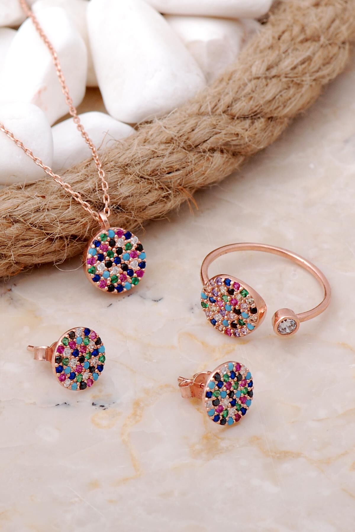 Mix Taşlı Tasarım Rose Gümüş Set 2541