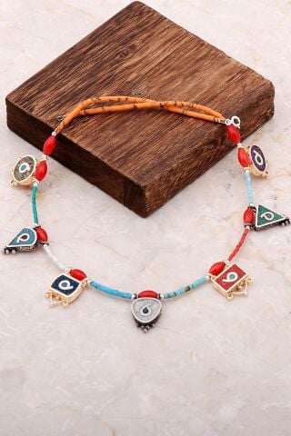 Doğal Taşlı Mozaik İşlemeli Gümüş Kolye 6834