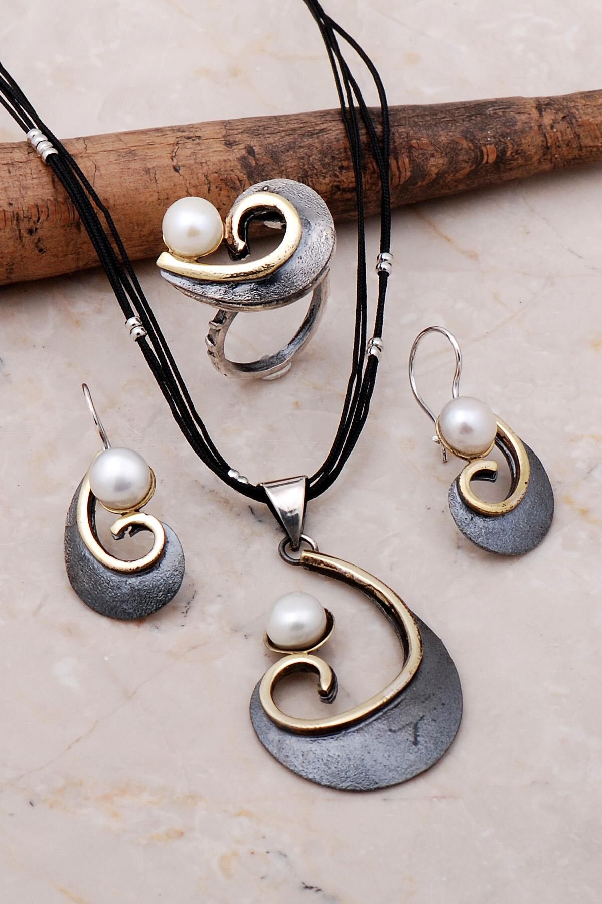 İnci Taşlı Elişi Gümüş Tasarım Set 2172