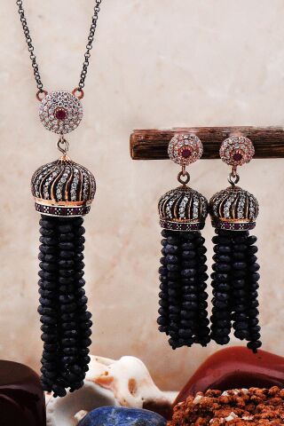 Safir Taşlı Tasarım Elişi Gümüş Set 2299