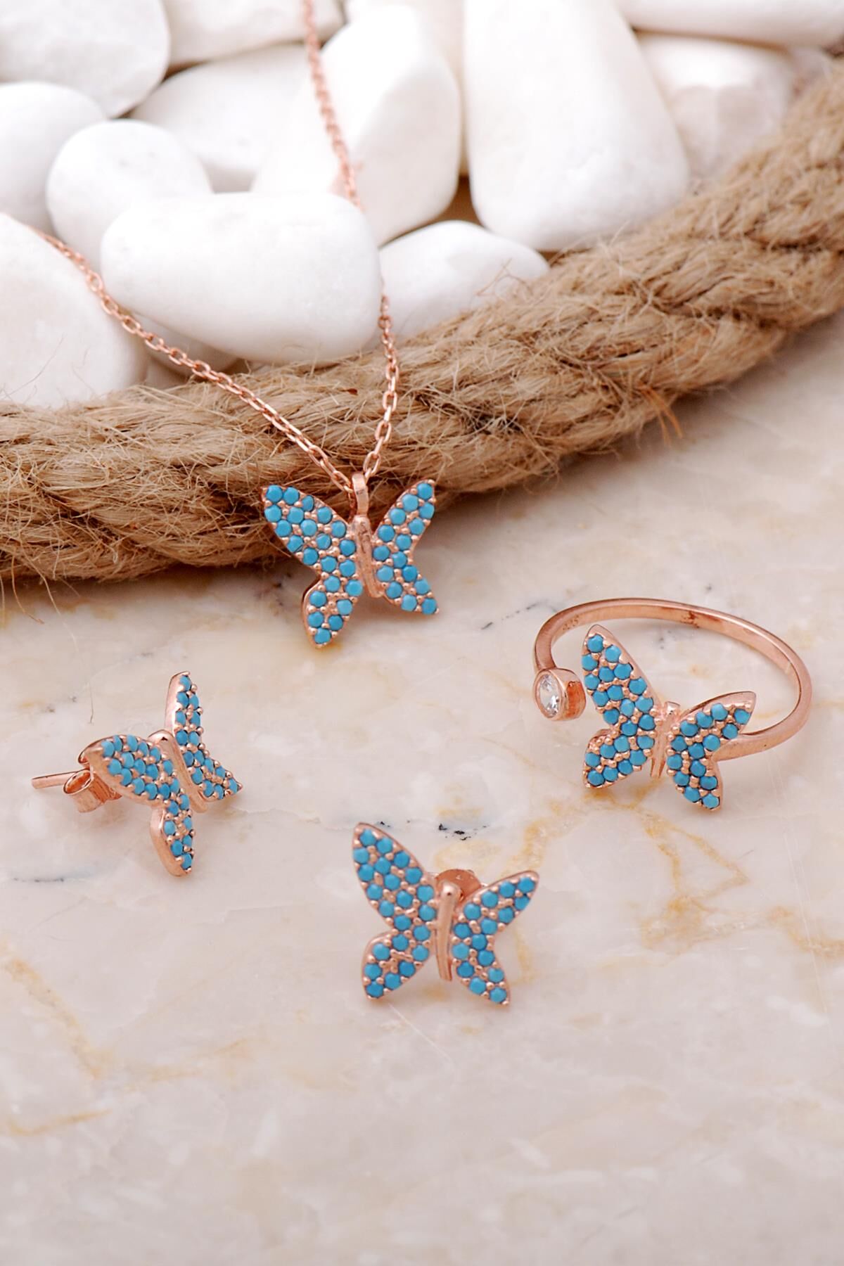 Turkuaz Taşlı Kelebek Rose Gümüş Set 2542