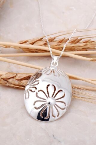 Oyma Çiçek Tasarım Gümüş Kolye 7509