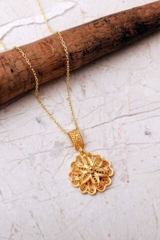 Telkari İşlemeli Elişi Papatya 925 Ayar Gümüş Kolye 8110