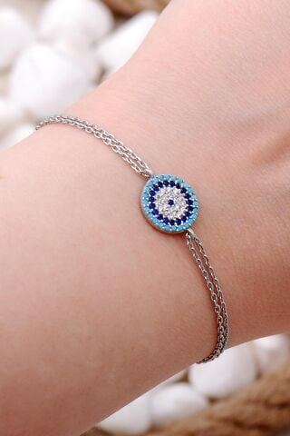 Nazar Boncuklu Rodyumlu Gümüş Bileklik 3984