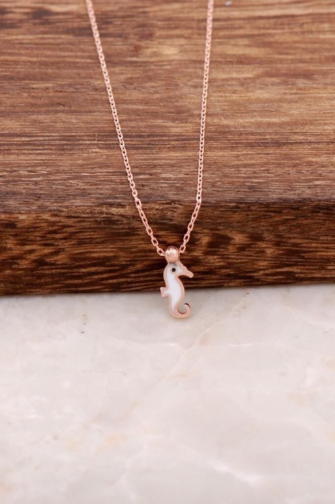 Deniz Atı Mineli Rose Gümüş Minimal Kolye 6167