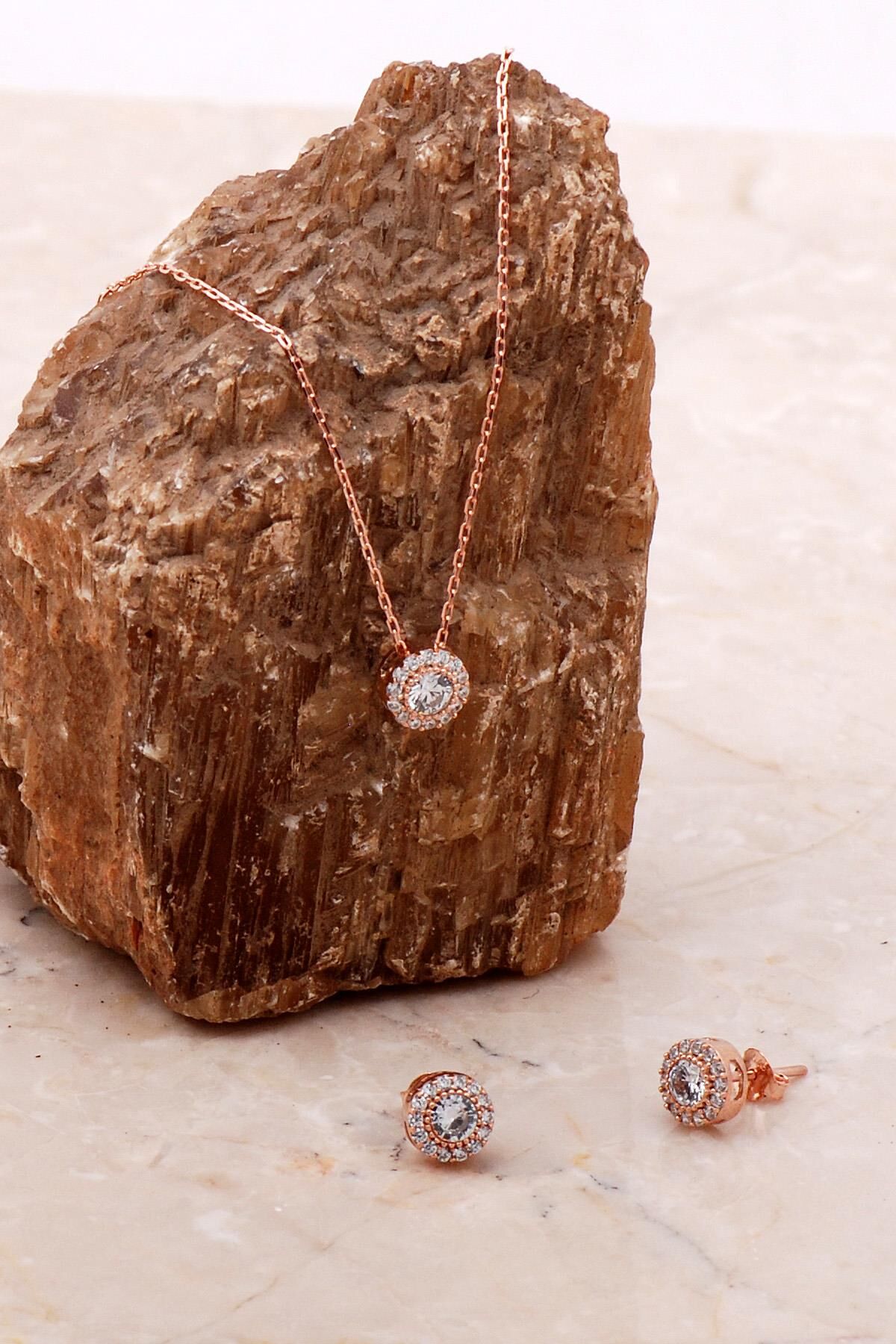 Elmas Montürlü Rose Gümüş Set 2177