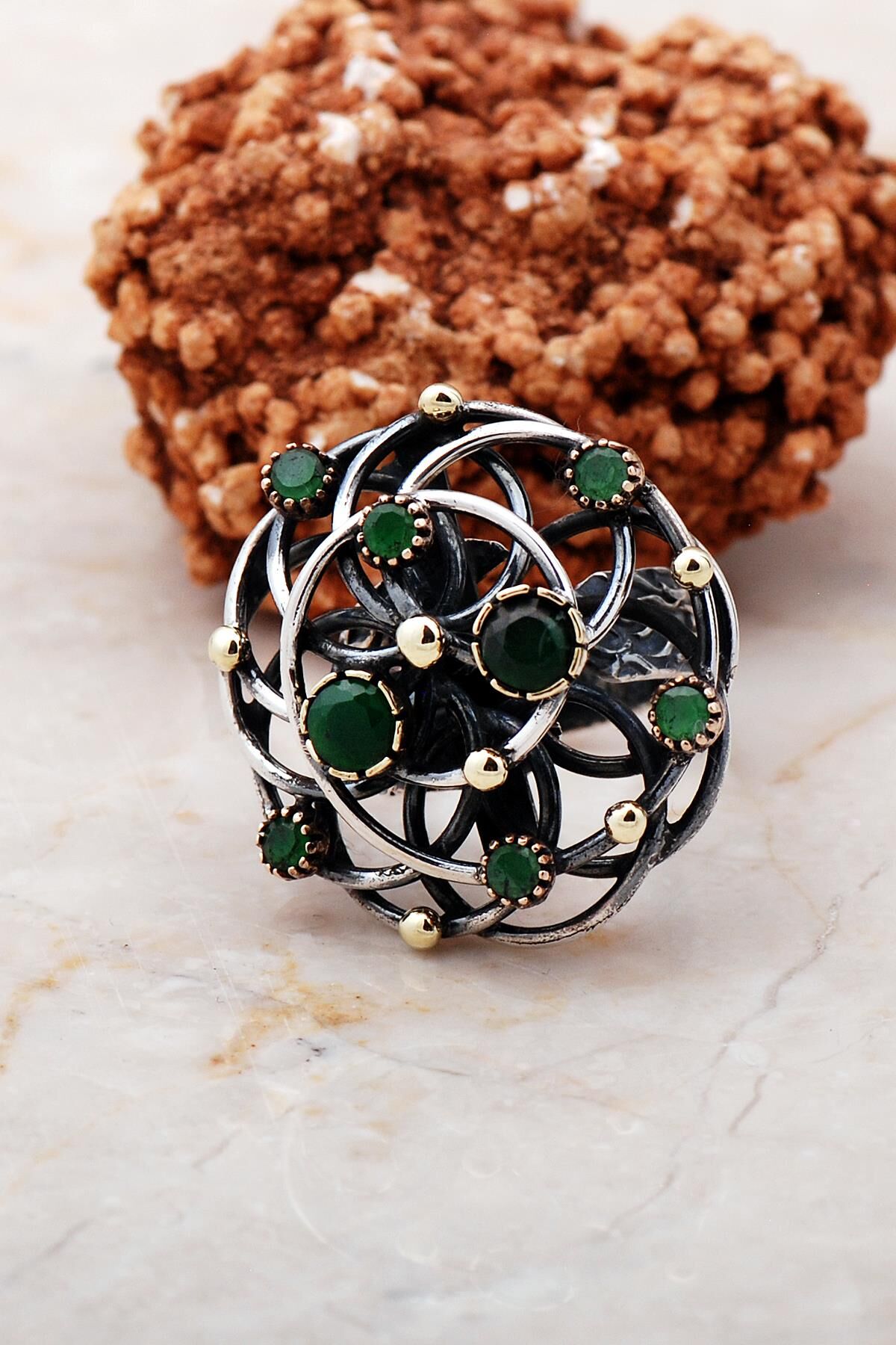 Kök Zümrüt Taşlı Tel Sarma Elişi Gümüş Yüzük 3166