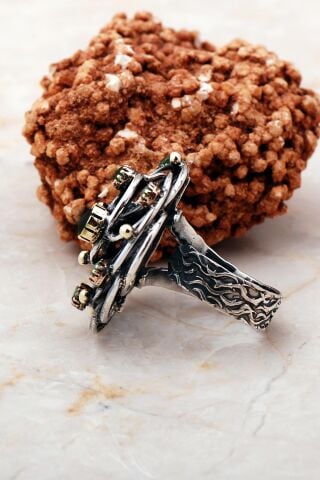 Kök Zümrüt Taşlı Tel Sarma Elişi Gümüş Yüzük 3166