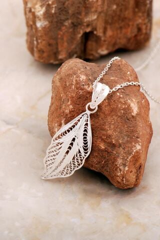 Midyat Telkari Sanatı Elişi Yaprak Gümüş Kolye 8028