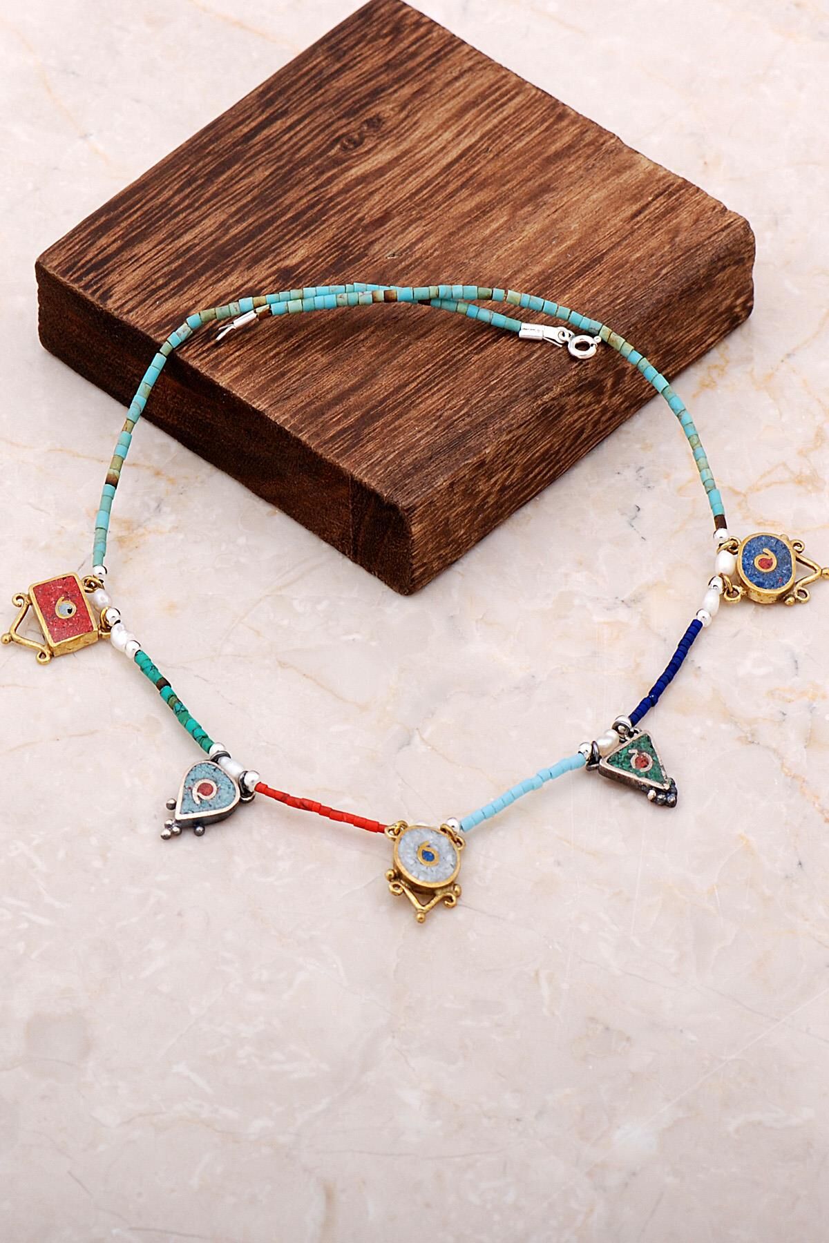 Natural Stone-set Mozaik Engraved Silver Necklace 6840