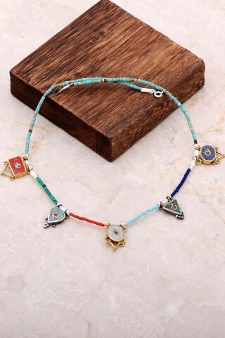 Doğal Taşlı Mozaik İşlemeli Gümüş Kolye 6840