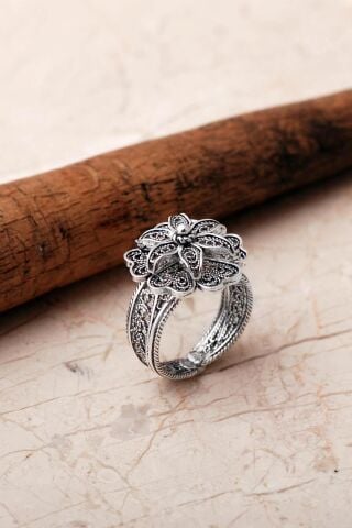 Telkari İşlemeli Elişi Papatya 925 Ayar Gümüş Yüzük 5999