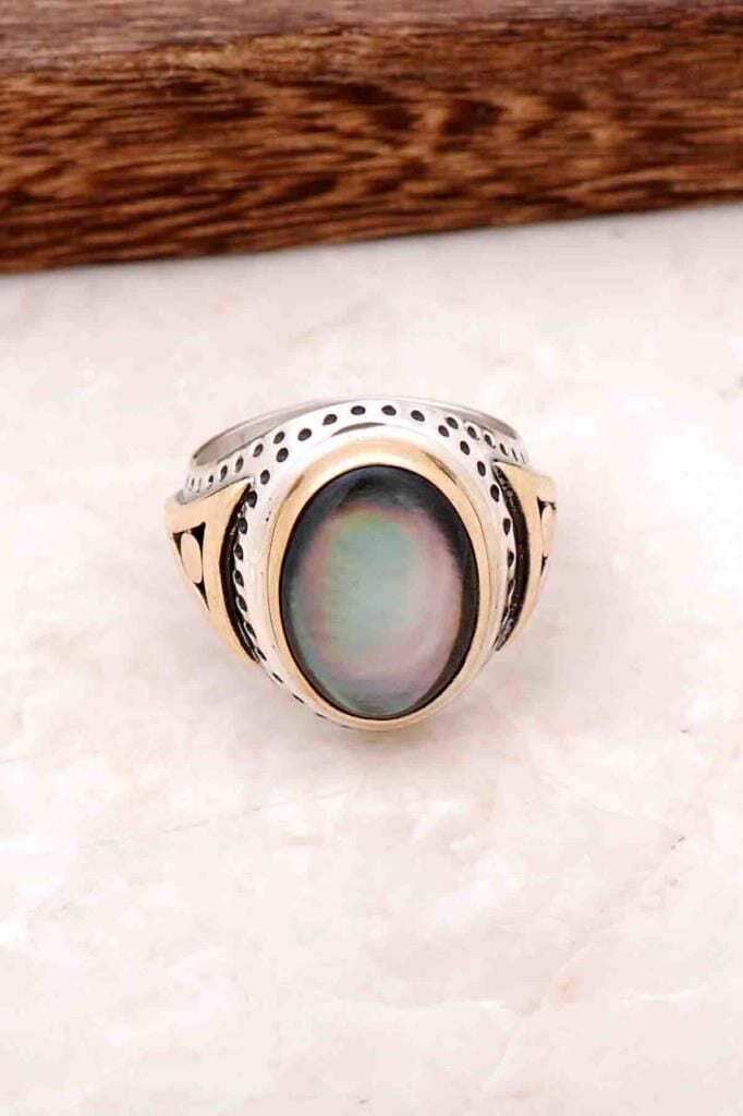 Sedef Taşlı El Yapımı Gümüş Erkek Yüzük 654