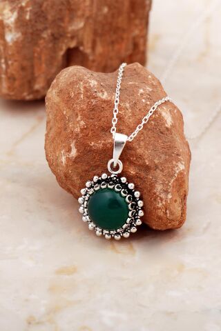 Yeşil Akik Taşlı Telkari İşlemeli Gümüş Kolye 8030