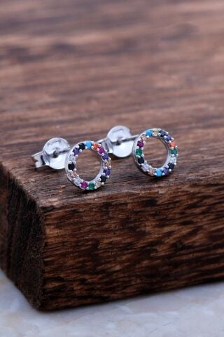 Halka Tamtur Renkli Taşlı Rodyumlu Gümüş Küpe 6026