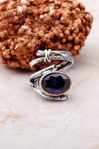 Sarmaşık Model Ametist Taşlı Elişi Gümüş Yüzük 3169