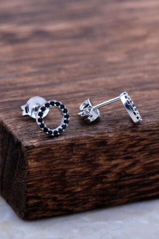 Halka Tamtur Siyah Taşlı Rodyumlu Gümüş Küpe 6027