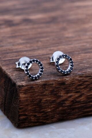 Halka Tamtur Siyah Taşlı Rodyumlu Gümüş Küpe 6027