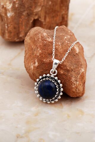 Lapis Lazuli Taşlı Telkari İşlemeli Gümüş Kolye 8031
