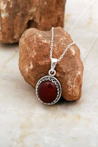 Akik Taşlı Telkari İşlemeli Gümüş Kolye 8032