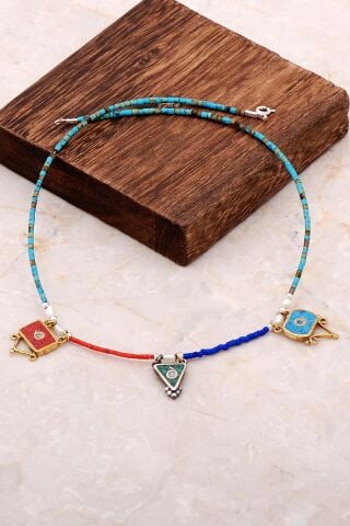 Doğal Taşlı Mozaik İşlemeli Gümüş Kolye 6844