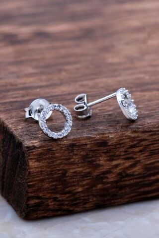 Halka Tamtur Beyaz Taşlı Rodyumlu Gümüş Küpe 6028