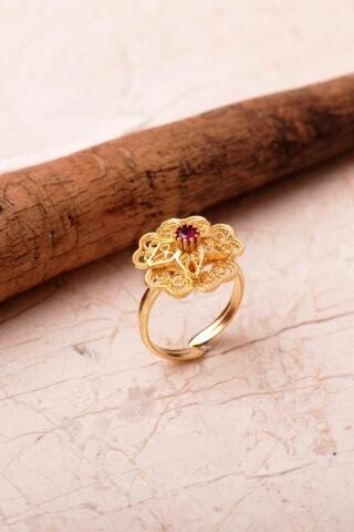 Taşlı Telkari Elişi Altın Kaplama 925 Ayar Gümüş Çiçek Yüzük 6000