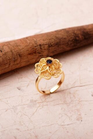 Taşlı Telkari Elişi Altın Kaplama 925 Ayar Gümüş Çiçek Yüzük 6000