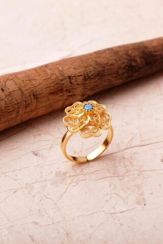 Taşlı Telkari Elişi Altın Kaplama 925 Ayar Gümüş Çiçek Yüzük 6000