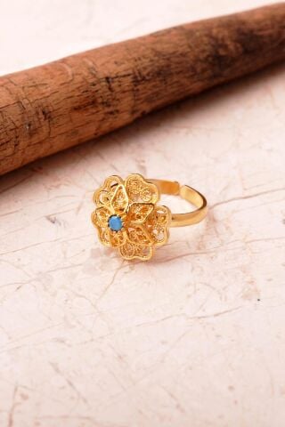 Taşlı Telkari Elişi Altın Kaplama 925 Ayar Gümüş Çiçek Yüzük 6000